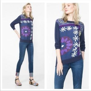 Desigual Precious Navy Mixed Media Floral Pullover Sweater M